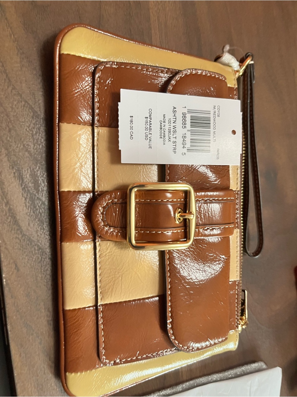 Coach Patchwork Leather Wristlet in Brown and Cream